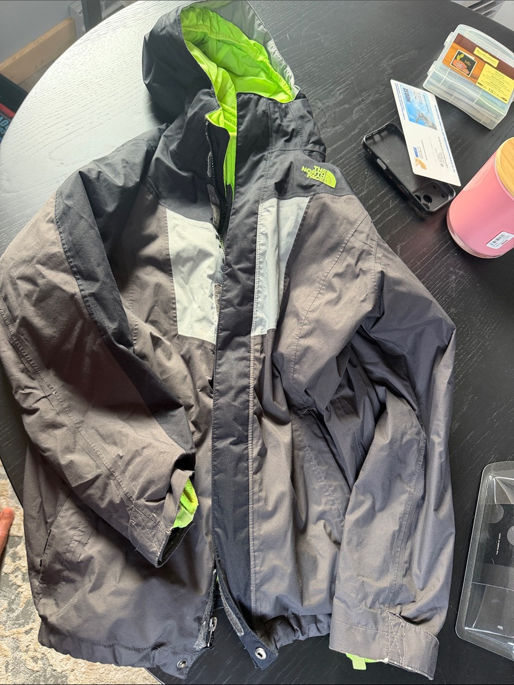 The North Face Kids Black & Gray Hooded winter Jacket with Lime Interior